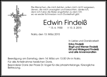 Traueranzeige von Edwin Findeiß von Frankenpost