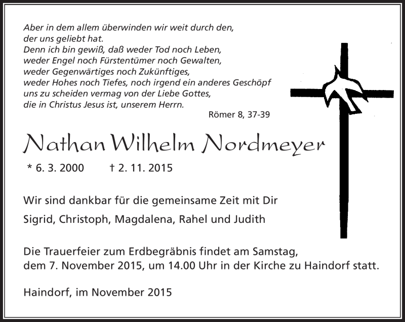  Traueranzeige für Nathan Wilhelm Nordmeyer vom 05.11.2015 aus Südthüringer Presse
