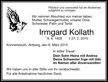 Traueranzeige von Irmgard Kollath von Frankenpost