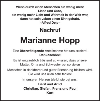 Traueranzeige von Marianne Hopp von Südthüringer Presse