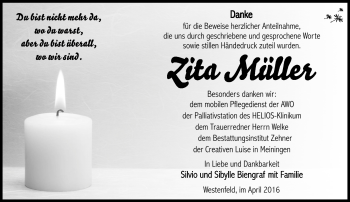 Traueranzeige von Zita Müller von Südthüringer Presse