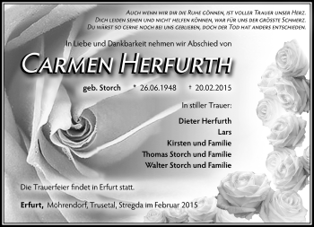 Traueranzeige von Carmen Herfurth von Südthüringer Presse