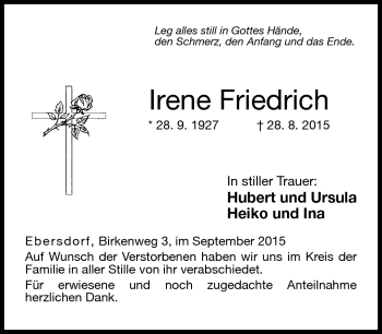 Traueranzeige von Irene Friedrich von Neue Presse Coburg