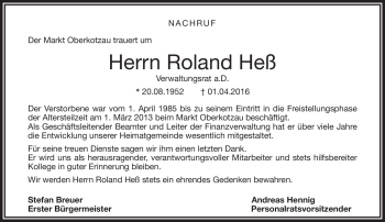 Traueranzeige von Roland Heß von Frankenpost