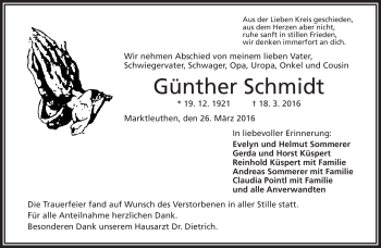Traueranzeige von Günther Schmidt von Frankenpost