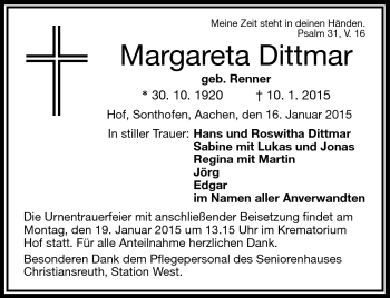 Traueranzeige von Margareta Dittmar von Frankenpost