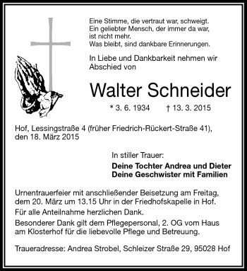 Traueranzeige von Walter Schneider von Frankenpost