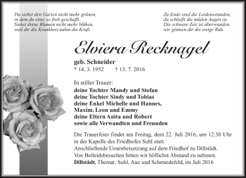Traueranzeige von Elviera Recknagel von Südthüringer Presse