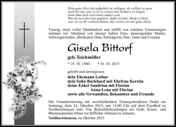 Traueranzeige von Gisela Bittorf von Südthüringer Presse