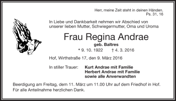 Traueranzeige von Regina Andrae von Frankenpost
