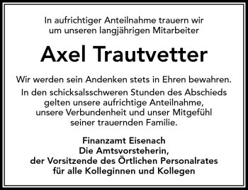 Traueranzeige von Axel Trautvetter von Südthüringer Presse