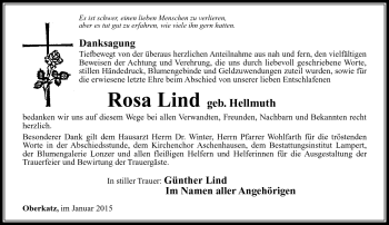 Traueranzeige von Rosa Lind von Südthüringer Presse