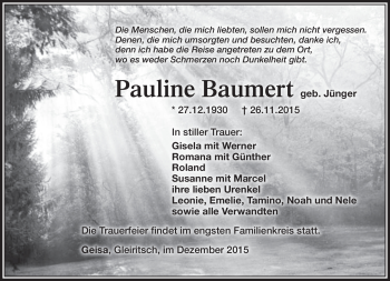 Traueranzeige von Pauline Baumert von Südthüringer Presse