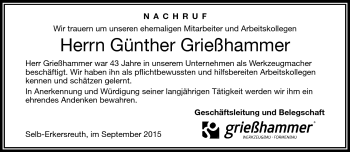 Traueranzeige von Günther Grießhammer von Frankenpost
