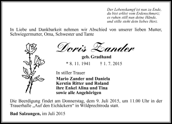 Traueranzeige von Doris Zander von Südthüringer Presse