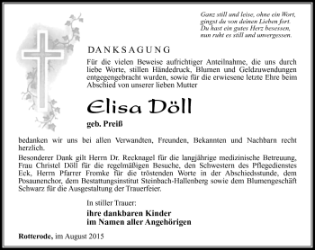 Traueranzeige von Elisa Döll von Südthüringer Presse