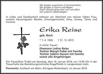 Traueranzeige von Erika Reise von Südthüringer Presse
