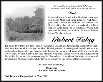 Traueranzeige von Gisbert Fabig von Südthüringer Presse
