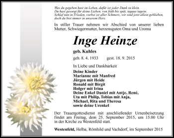 Traueranzeige von Inge Heinze von Südthüringer Presse