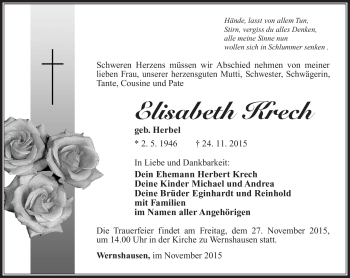 Traueranzeige von Elisabeth Krech von Südthüringer Presse