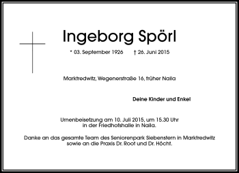 Traueranzeige von Ingeborg Spörl von Frankenpost