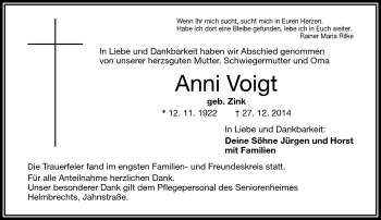 Traueranzeige von Anni Voigt von Frankenpost