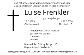 Traueranzeige von Luise Frenkler von Neue Presse Coburg
