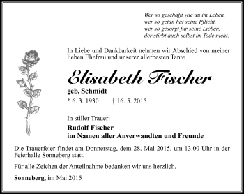 Traueranzeige von Elisabeth Fischer von Südthüringer Presse