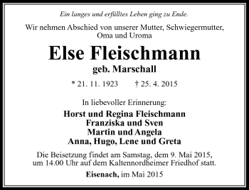 Traueranzeige von Else Fleischmann von Südthüringer Presse