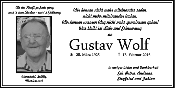 Traueranzeige von Gustav Wolf von Frankenpost