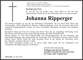 Traueranzeige von Johanna Ripperger von Südthüringer Presse
