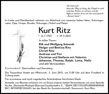 Traueranzeige von Kurt Ritz von Neue Presse Coburg