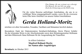 Traueranzeige von Gerda Holland-Moritz von Südthüringer Presse