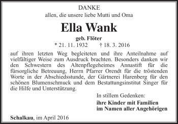 Traueranzeige von Ella Wank von Südthüringer Presse