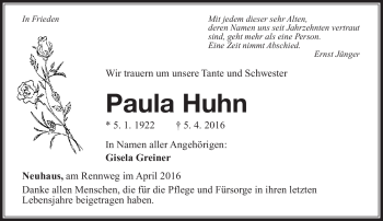 Traueranzeige von Paula Huhn von Südthüringer Presse