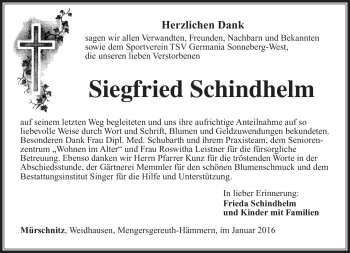 Traueranzeige von Siegfried Schindhelm von Südthüringer Presse