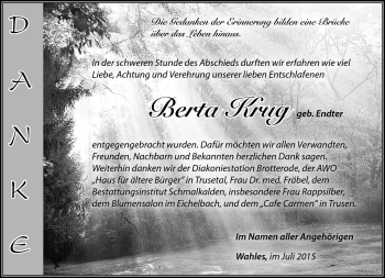 Traueranzeige von Berta Krug von Südthüringer Presse