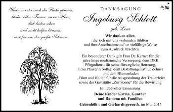 Traueranzeige von Ingeburg Schlott von Südthüringer Presse