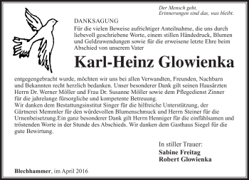 Traueranzeige von Karl-Heinz Glowienka von Südthüringer Presse