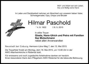 Traueranzeige von Hilmar Paschold von Neue Presse Coburg