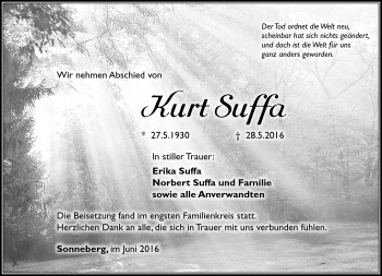 Traueranzeige von Kurt Suffa von Südthüringer Presse
