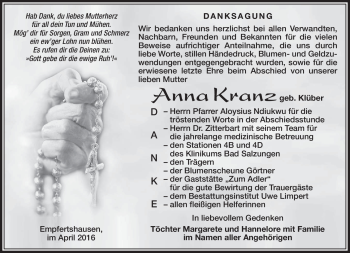 Traueranzeige von Anna Kranz von Südthüringer Presse