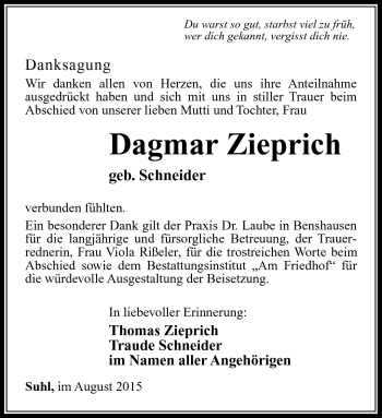 Traueranzeige von Dagmar Zieprich von Südthüringer Presse