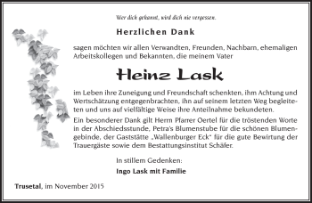 Traueranzeige von Heinz Lask von Südthüringer Presse