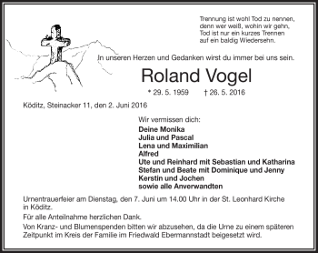 Traueranzeige von Roland Vogel von Frankenpost