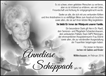 Traueranzeige von Anneliese Schöppach von Südthüringer Presse