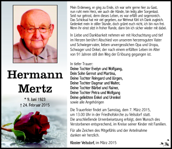 Traueranzeige von Hermann Mertz von Südthüringer Presse