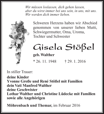 Traueranzeige von Gisela Stößel von Südthüringer Presse