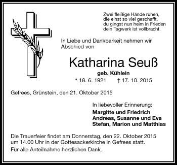 Traueranzeige von Katharina Seuß von Frankenpost