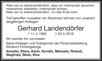 Traueranzeige von Gerhard Landendörfer von Frankenpost